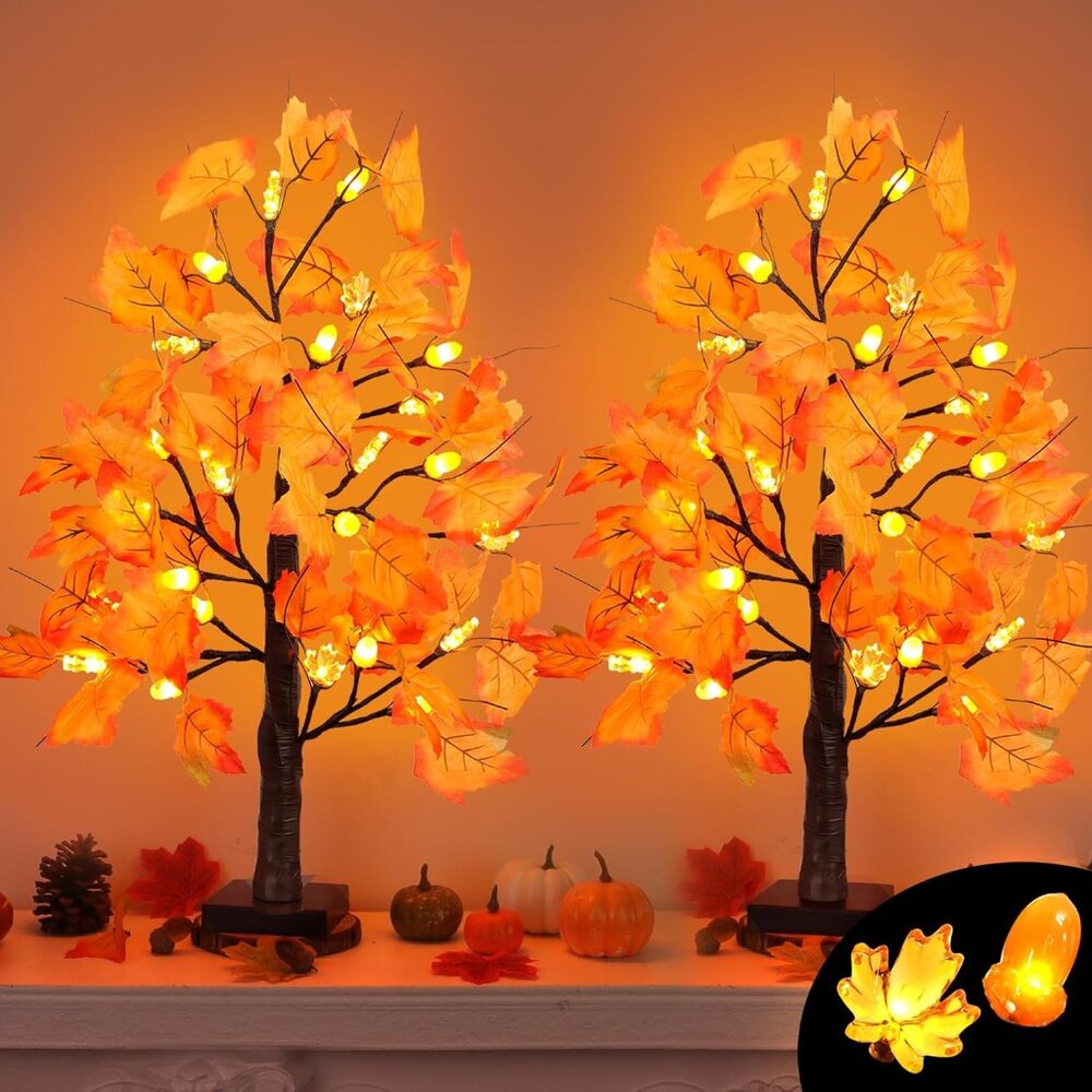 2 Pack 24 Inch Artificial Lighted Maple Tree with 48 LEDs Timer Fall Thanksgivin